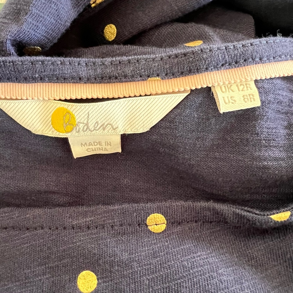 STYLISH BODEN ROMAINE SLEEVELESS DRESS BLUE W/ GOLD POLKA DOTS TIERED SKIRT EUC - Picture 12 of 15